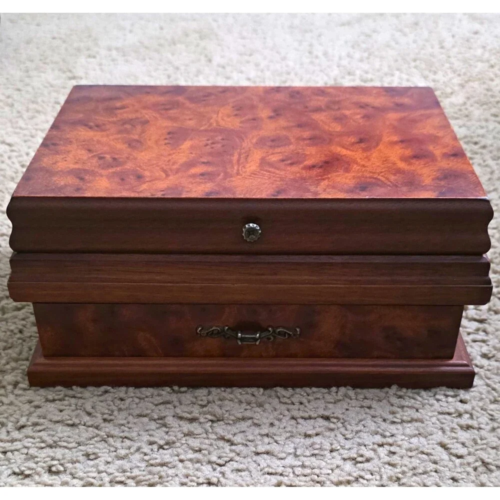 Pristine Vintage 1980s Burl Wood Jewelry Box Large Keepsake Chest Drawer Mint